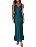 Womens Elegant Satin V Neck Backless Sleeveless Maxi Dress Silk Tie Low Back Formal Cocktail Dresses Wedding Guest Teal