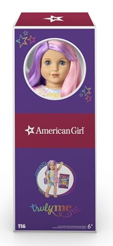 American Girl Truly Me 18-Inch Doll 116 with Light-Blue Eyes, Wavy Purple-and-Pink Hair, Light Skin with Warm Olive Undertones, Tie Dye T-Shirt Dress