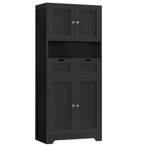Image of TEENFON 57.8" H Tall Storage Cabinet with 2 Drawers & 2 Adjustable Shelves, Floor Cabinet with 4 Doors, Tall Cabinet for Living Room, Dining Room, Entryway, Black