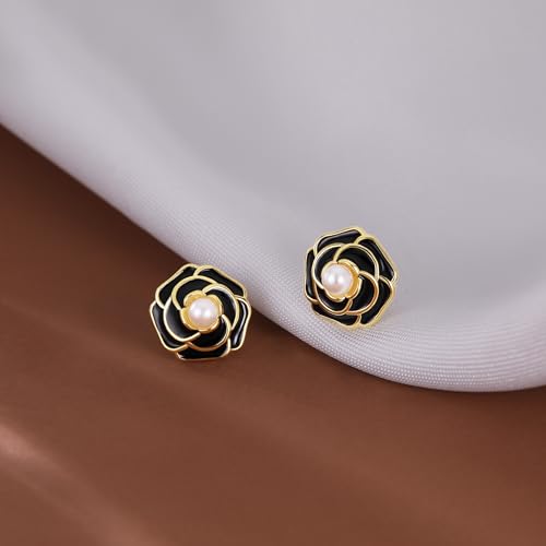 Reffeer Solid 925 Sterling Silver Flower Stud Earrings for Women Teens Black Flower Stud Earrings Pearls4