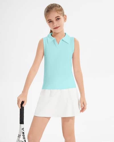 Image of Girls Sleeveless Polo Shirts, Kids V Neck Golf Shirts Blouses, Quick Dry Athletic Girls Tennis Tank Tops, Size 5-14