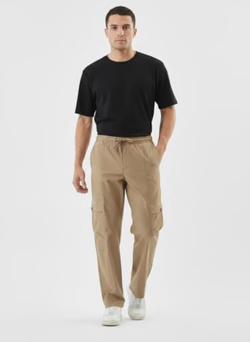 Image of Men's Cotton Cargo Pants | Straight Fit Casual Trousers for Men with Pockets | Lightweight & Breathable Pants with Elastic Waistband & Drawstring | Comfortable Lower for Mens