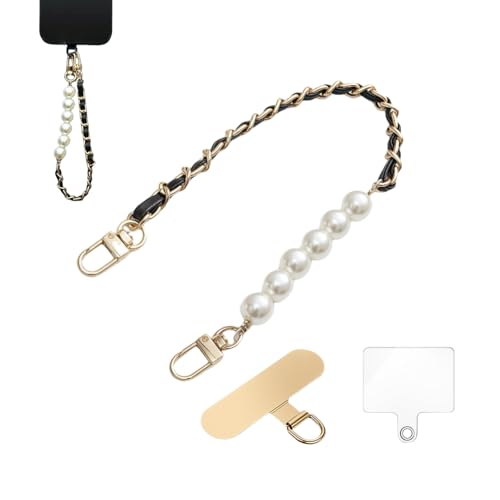 KEESOO Original Korean Chic Pearl Gold Leather Phone Charm, Versatile with Premium Gold Metal Phone...
