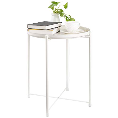 Danpinera KYET01-MW Tray End Table, Round Metal Tray Table Side Sofa Table Anti-Rust And Waterproof Outdoor & Indoor Snack Table Accent Coffee Table White cover