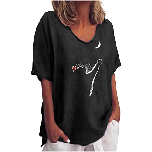 Tee Shirt Femme Mignons Imprimé Chat T Shirt Coton et Lin Blouse Manches Courtes Tshirt Col Rond T-Shirt Décontracté Été Chemisier Coupe Ample Tunique Léger et...
