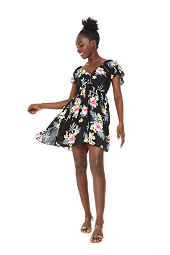 Image of Family Matching Hawaiian Clothes, Hibiscus Black | Black Hibiscus Print • Soft Rayon Fabric • Family Matching Outfits • Vacation Ready • Luau Party Wear
