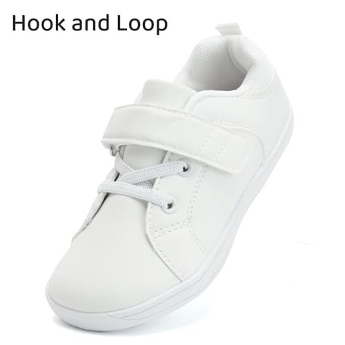 WateLves Toddler Little Kid Wide Barefoot The First Walking Shoes Girls Boys Leather Uniform Dress Shoes Lightweight Splay Naturally Minimalist Sneakers (White, 25)4