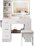Dressing Table with Mirror and Stool: Vanity Desk with Mirror and Drawers - Makeup Desk with 4 Drawers, Wooden White Bedroom Dressing-Table with LED Lights - Brightness Adjustable, Hairdryer Holder