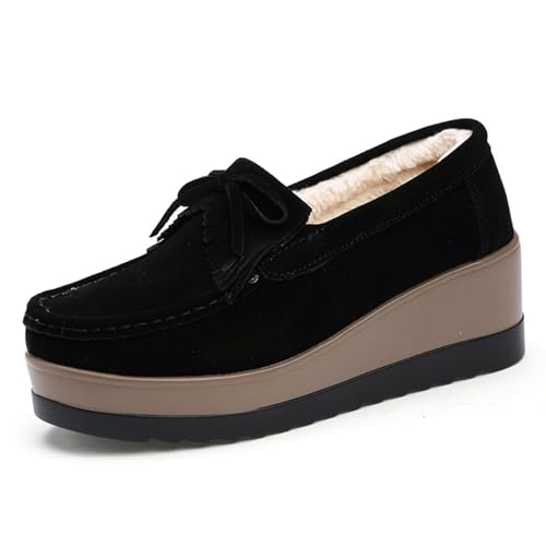Image of Women's Tassel Suede Plush Wedge Shaped Sports Shoes Fashion Thick Sole Arched Casual Loafers Velvet Tassel Bow Wedge Casual Shoes