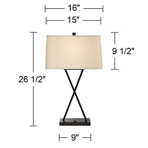 Franklin Iron Works Megan Modern Table Lamps 26.5" High Set Of 2 With Hotel Style Usb Charging Port Led Bronze Metal Rectangular Fabric Shade For Living Room Bedroom House Bedside Nightstand Home #TOP3