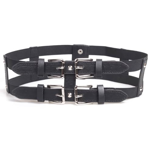 Double-Row Black Belt Punk Rock Waist Belt Women's Elastic Wide Waist Belt Waist Trendy and Cool Decoration