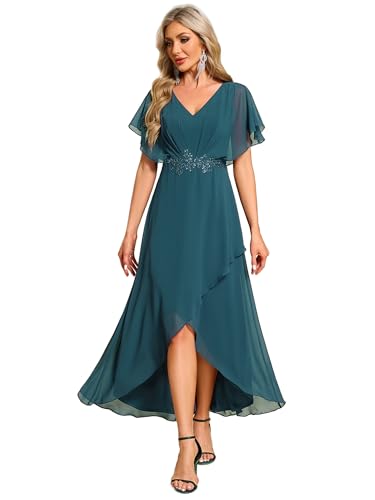 Image of Ever-Pretty Women's Formal Dress A Line V Neck Applique Waist Tea Length Wedding Guest Dress 02027