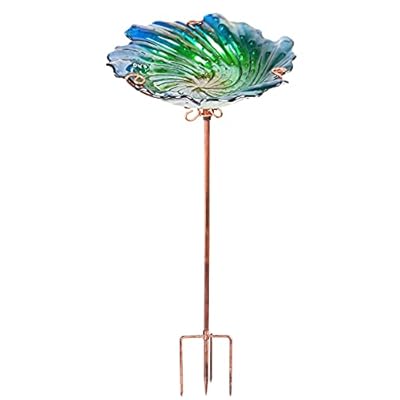 VCUTEKA Glass Bird Bath Outdoor Birdbaths Garden Yard Bird Feeder with Metal Stake Green