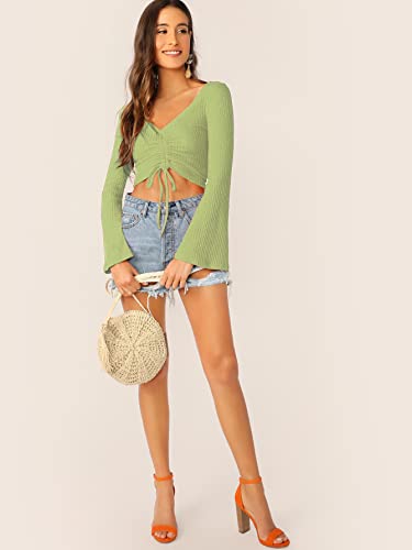 Image of SweatyRocks Women's Adjustable Drawstring String Long Bell Sleeve Rib Knit Sexy Crop Top Light Green M