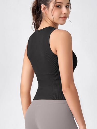 Image of ODODOS 3-Pack Seamless Crop Tank for Women Ribbed Soft High Neck Cropped Tops
