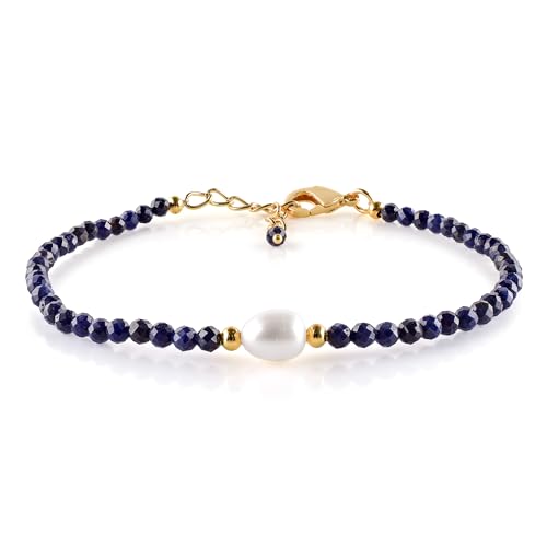 InfinityGemsArt Blue Sapphire Gold Bracelet For Women, September Birthstone Natural Crystal Stone With Freshwater Pearl Beaded Jewelry, Gold Plated Chain 8 Inch