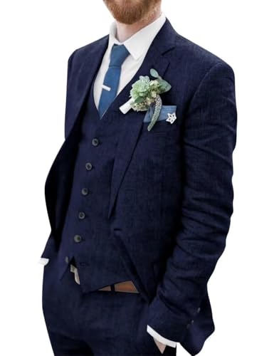 Mens 3 Pieces Summer Linen Suit Beach Wedding Suits Slim Fit Casual Linen Lightweight Suits Jacket Blazer Vest Pants