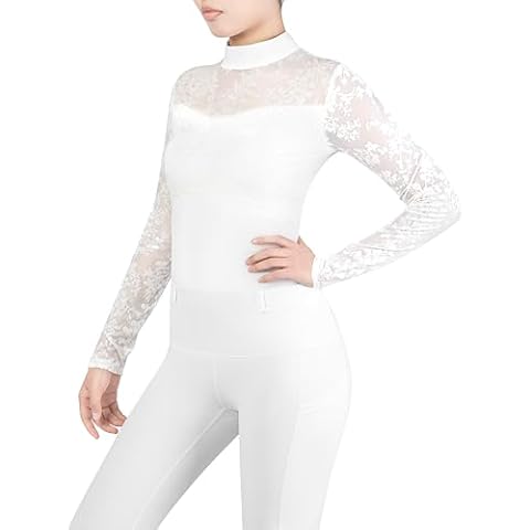 Harrison Howard Ladies Long Sleeve Equestrian Rider Top with Elegant Patterned Velvet Spliced Design Slim Fit Show Shirt White S Cover