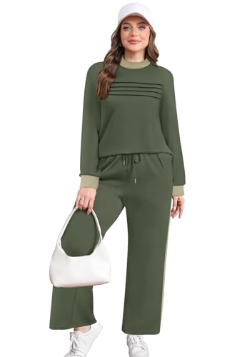 Image of WIHOLL Two Piece Sets for Women Fall Travel Vacation Outfits 2026 Long Sleeve Lounge Sets Side Slit Wide Leg Pants XS-3XL