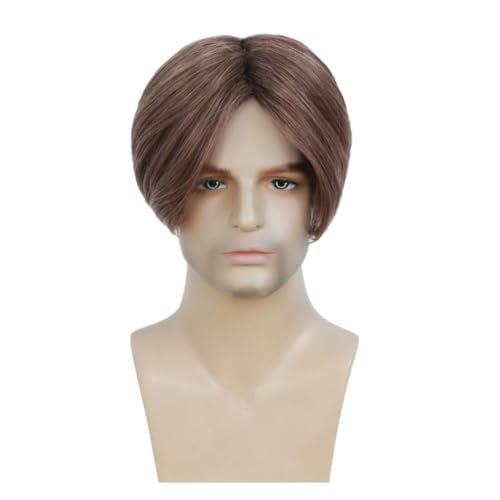 Image of Swiking Short Brown Wig for Men Natural Straight Middle Part Wigs Synthetic Hair Daily Cosplay Costume Fluffy Wig(Brown)