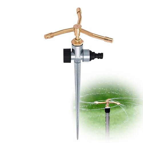 Holzsammlung 1Pack Metal Lawn Sprinklers for Yard with Spike Base, 3-Arm Water Sprinkler 360 Degree Automatic Rotary Garden Sprinkler System, Long-Distance Spray for Small Medium Yard