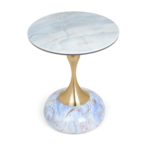 Image of Round Side Table with Marble Top, Brushed Golden Pedestal Base, Metal Base with Marble Effect, Modern Accent Table for Living Room, Bedroom (Blue-ish White)