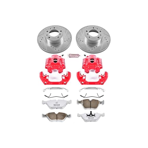 Image of PowerStop Rear Brake & Caliper Kit for Ford Mustang 2011-14 - Drilled & Slotted Disc Rotors + Carbon-Fiber Ceramic Brake Pads + Red-Powder Coated Calipers, KC4749-26