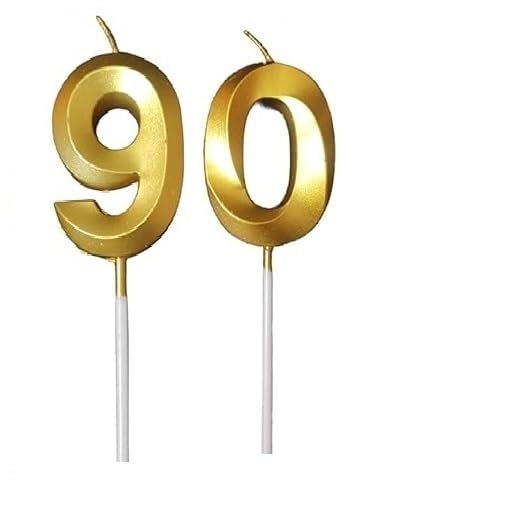 Image of ToyUniverse Number 90 Metallic Gold Candle for Ninetieth Birthday,Anniversary, Surprise Party Cake Decoration Candle (Pack of 2,Number 90)