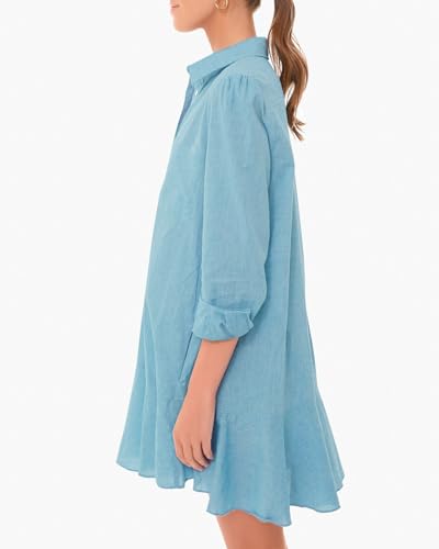 Image of YEXPINE Women's Tunic Mini Shirt Dress Cotton Linen Long Sleeve Button Up Ruffle Hem Loose Casual Summer Pockets Shift Dress