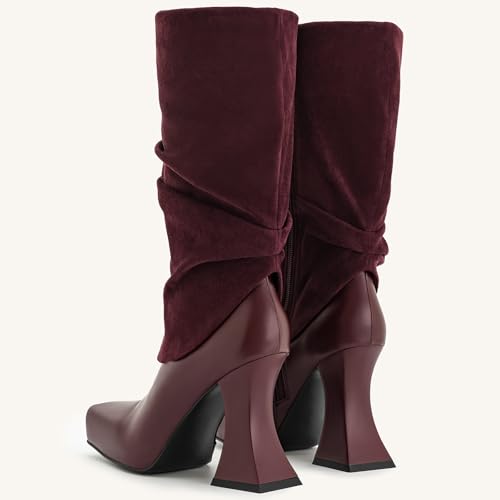 Women's Platform Mid Calf Boots High Chunky Heel Square Toe Fold Over Boots with Side Zipper Dress Shoes4