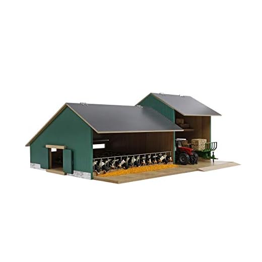 Kids Globe Kuhstall Holz, Spielzeug Kuhstall mit Lagerhalle, Dach aufklappbar, Bauernhof mit Maßstab 1:32, Holzbauernhof, Holzstall, Bauernhof Spielzeug 610200