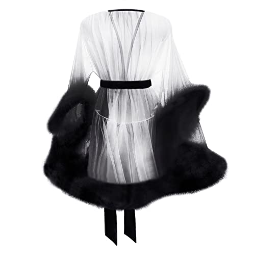 Women's Tulle Feather Robe Long Bridal Robes Sexy Tulle Lingerie Maternity Bathrobe Photoshoot Illusion Wedding Scarf Party Nightgown Sexy Sheer Mesh Fur Bridal Illusions Boudoir Christmas Lingerie3