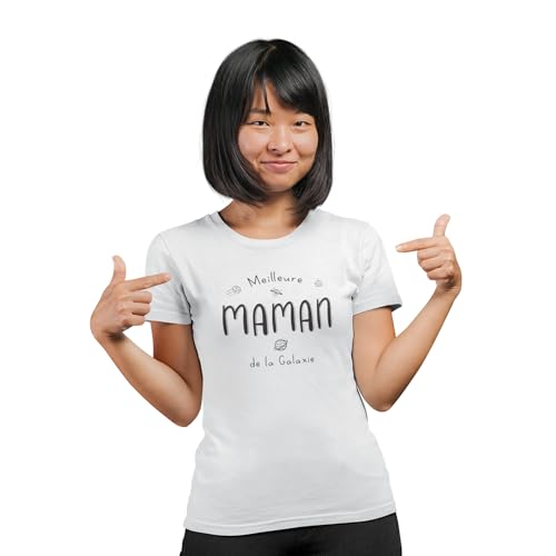 REPUBLIC OF CALIFORNIA Women's Meilleure Maman De La Galaxie imprimé T-Shirt Mother's Day Gift - Women's Christmas Mum of Love Grandma Stepmom Wife Birthday Gift,Blanc_Medium