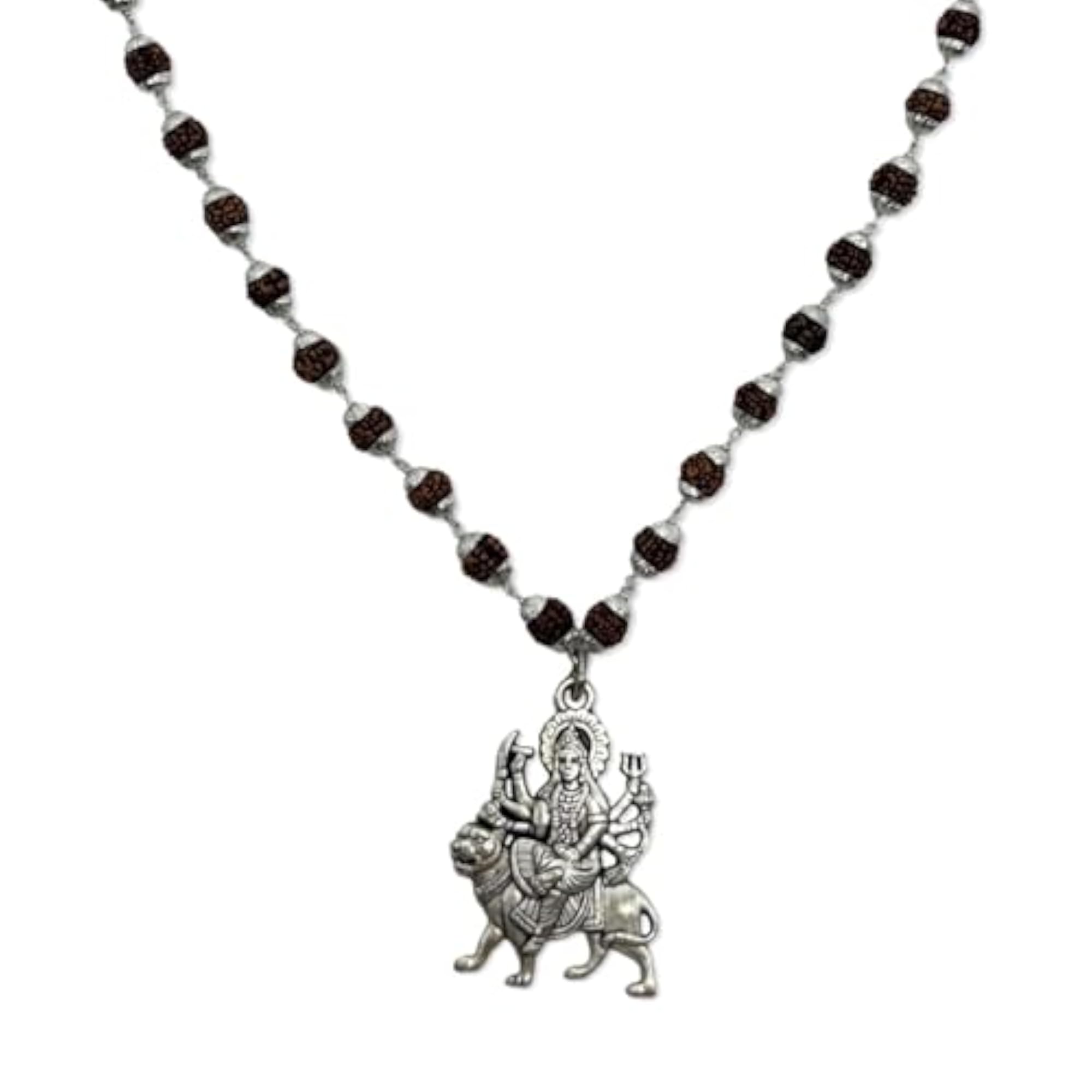 Lord Durga Mata Pendant Rudraksha Mala Necklace, Silver Plated