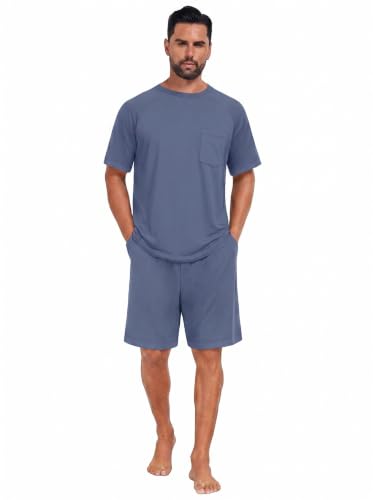 Image of Mens Pajamas Set Lightweight Summer Pjs Sleepwear Soft Comfy Short Sleeve Loungewear With Pocket (S-4X)