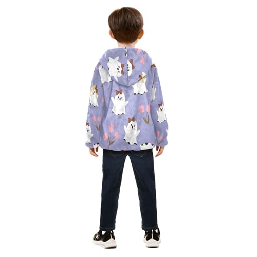 Cute Ghosts with Flowers Pattern Toddler Fleece Jacket Girl Boys Hooded Fleece Jacket Coat Warm Outwear Zip-up 3-10T4