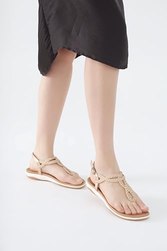 Image of UBFEN Womens Flat Sandals Dress Braided T-Strap Thong Sandals with Arch Support Comfortable for Walking