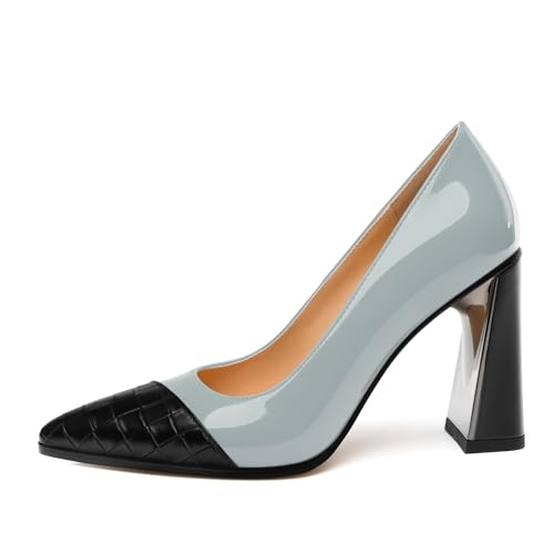 Womens Heeled Pumps, Pointed Toe High Chunky Heel Pupms for Women, Leather Insole Splicing Toe Pumps for Working, Wedding and Party 3.5"2