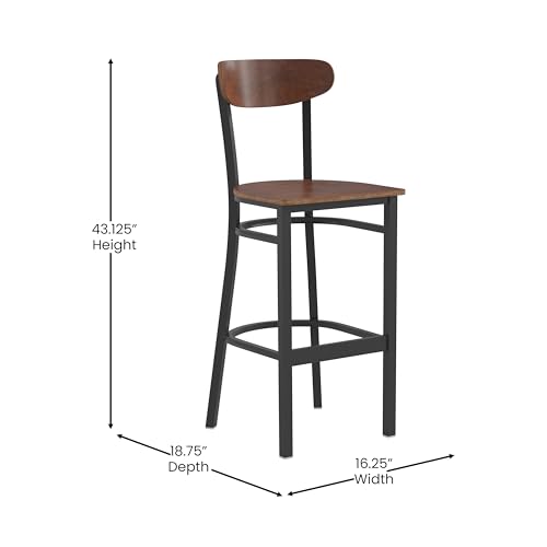 Image of Flash Furniture Wright 2 Pack Commercial Barstools - Walnut Finish Wood Seat and Boomerang Back - 500 LB. Capacity Black Steel Frame - Integrated Footrest