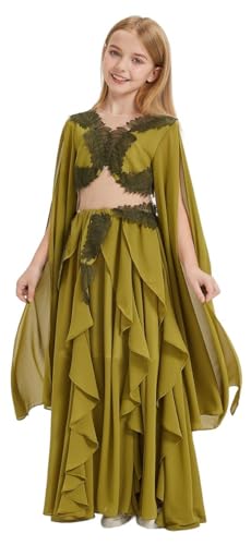 Girls' Elegant Olive Green Chiffon Dress Lace Trim Ruffled Skirt Flowing Cape Sleeves Vintage Folklore Dresses 5