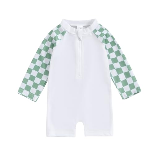 Image of Lesimsam Toddler Baby Boy Swimsuit Checkered Patchwork Long Sleeve One Piece Zipper Bathing Suit Rash Guard Swimwear Sunsuit