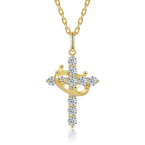 Moissanite Cross Necklace with Crown for Women Sterling Silver Pendant Christian Faith Chain Jewelry Gifts