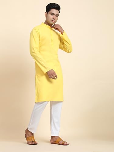 Image of Men's Pure Cotton Solid Kurta Pajama Set Mandarin Collar Casual Yoga Dress