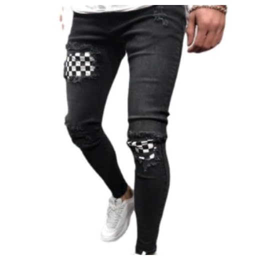 Jeans för män Europeisk och amerikansk hiphop-rippad sömmar Pläd Raw Edge Snygga Pencil Byxor Slim Trend Jeans Herr S
