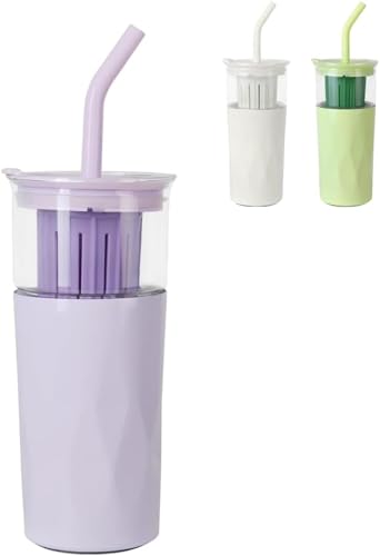 タンブラー 水筒 真空断熱 650 大容量 ストロー付きタンブラー 保温 保冷 コーヒーボトル 両用カップ フィルター付き 各種カラー (むらさき,a)