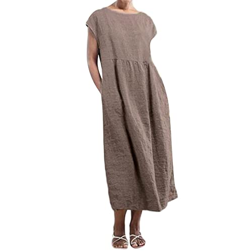 caoxhenr Vestido largo casual de manga corta para mujer, vestido de lino y algodón, talla grande, vestido camisero de verano con bolsillos, Bn, L