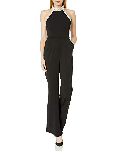 Adrianna Papell Women's Long Knit Crepe Beaded Trim Wide Leg Jumpsuit, Black, 2