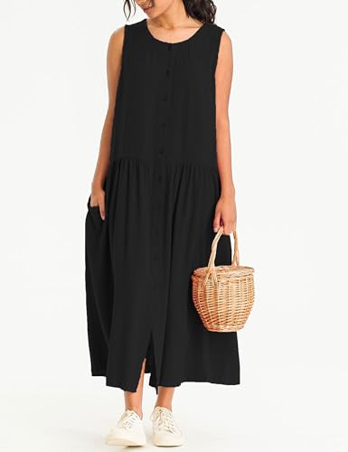 Image of Bozanly Summer Sleeveless Maxi Dress for Women Button Down Midi Dresses with Pockets Solid Color Loose Flowy Beach Dress 2025