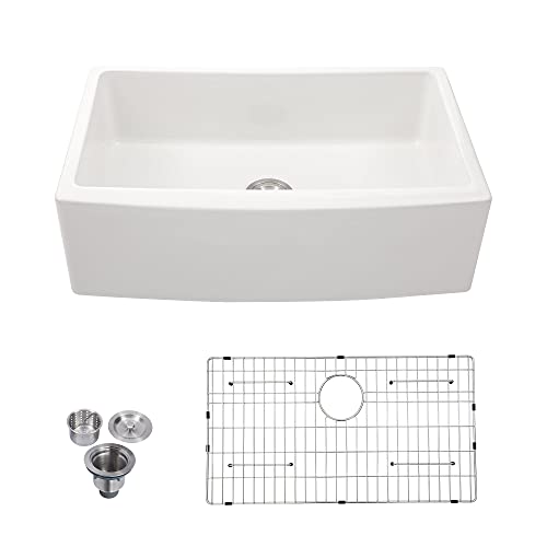 Best Deal Cheap 🛒 Apron Fireclay White Farmhouse Sink, Logmey 33"x21" Inch Curved Apron Front Deep Single Bolw Farm Style Offset Drain Kitchen Laundry Sink