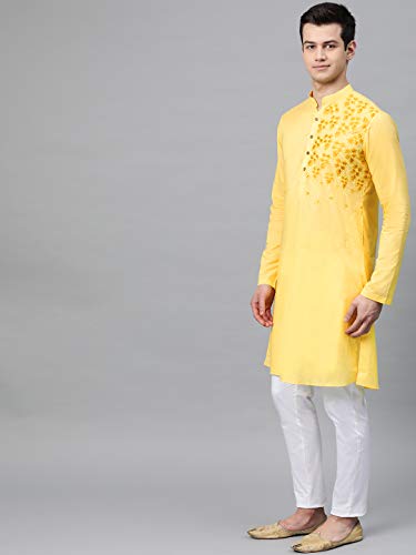 Image of See Designs Yellow Cotton Regular Fit Embroidered Kurta